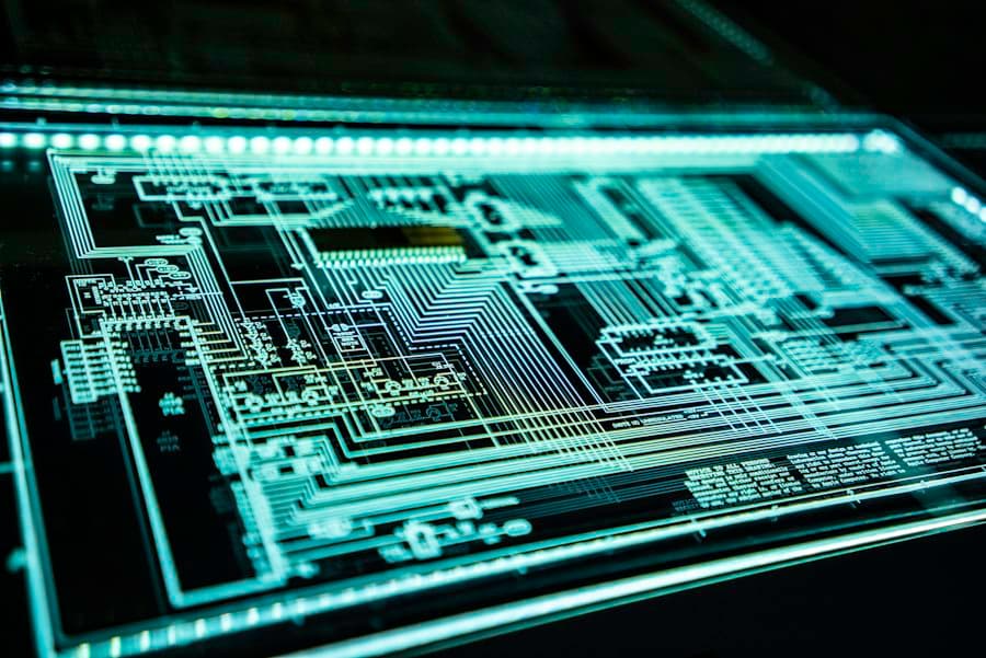 Glowing circuit traces on a dark chip